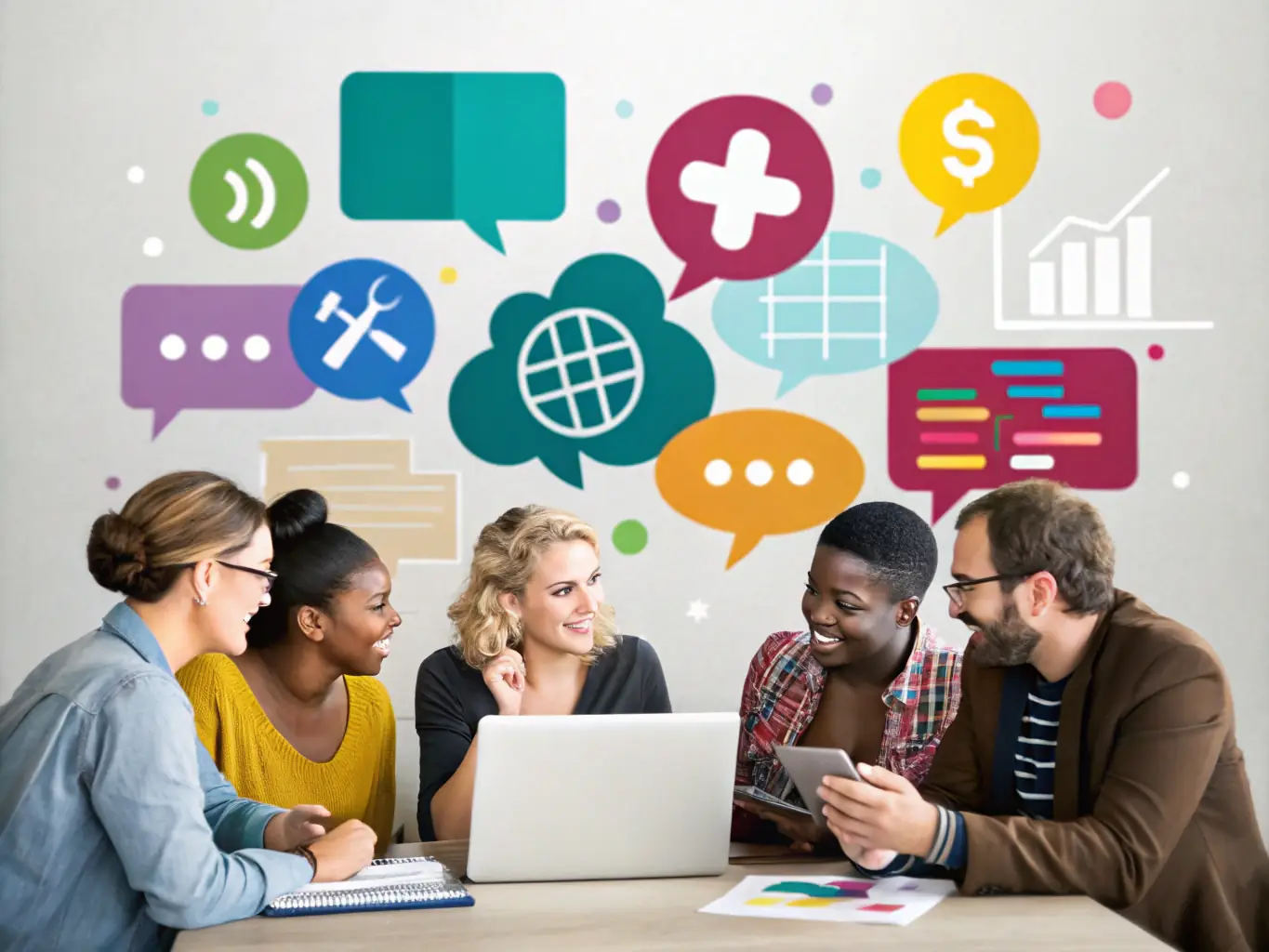 An illustration depicting a diverse team collaborating around a digital interface showcasing WhatsApp interactions and data analytics, emphasizing the collaborative and data-driven nature of Convert4U's ecosystem.